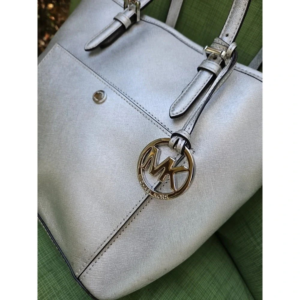Michael Kors Jet Set Silver Metallic Tote Bag Purse Satchel MK‎ Logo Large